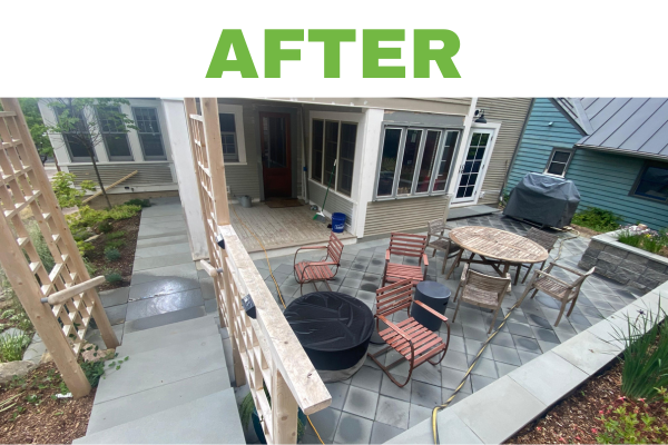 Completed landscape construction project showcasing a modern outdoor living area with stone patio, custom tile walkway, wooden pergola, and garden beds. This patio design blends functionality with refined stone work and native planting.